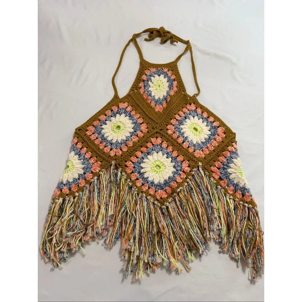 Free People Summer Of Love Crochet Hippie Boho Granny Square Tank Top Sz M/L